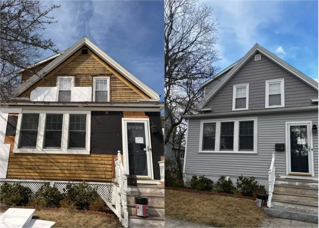 Before-and-after exterior of a modest house: worn wood siding and steps on the left, renovated gray siding, trim, and entry on the right.