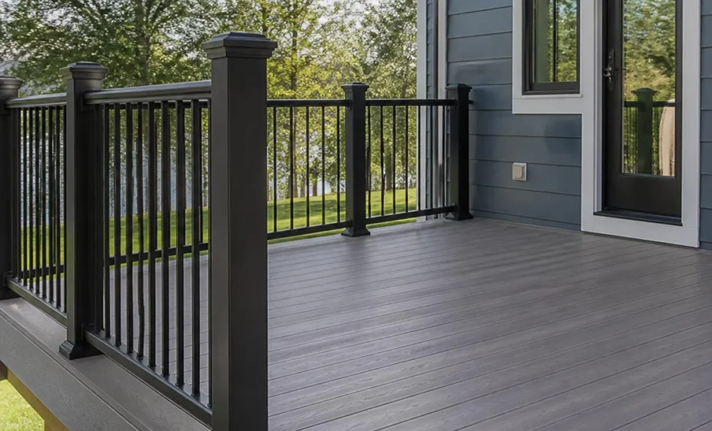 Modern gray composite deck with black metal railing, overlooking a green yard and trees; a clean, spacious outdoor living area in daylight.
