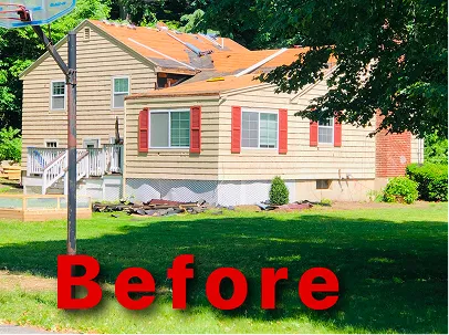 Before: A weathered beige-sided house with red shutters, orange roof, porch, and overgrown lawn, shown in bright daylight with bold red text.