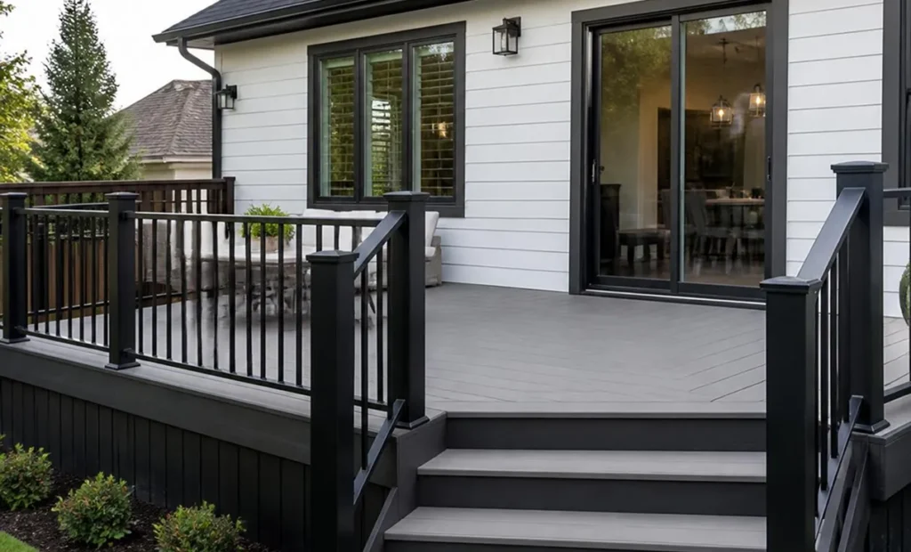 Modern white-sided home with black railings, gray deck and steps, and glass door opening to a warmly lit interior; calm outdoor setting.