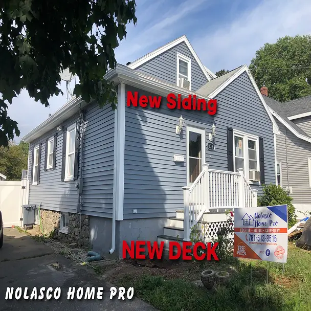 Blue-gray house with new siding and front deck, red labels highlighting upgrades, and a contractor sign; sunny, professional home-improvement scene.