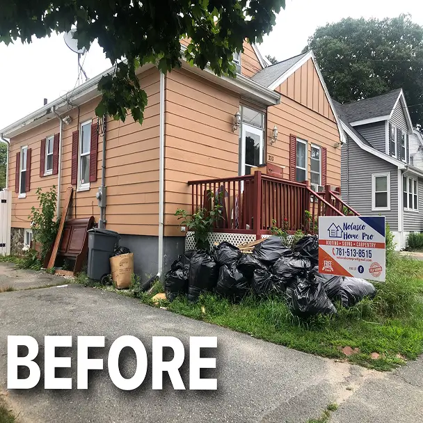 Before photo of a peach-sided house with porch, overgrown grass, and piled black garbage bags beside a cleanup service sign.